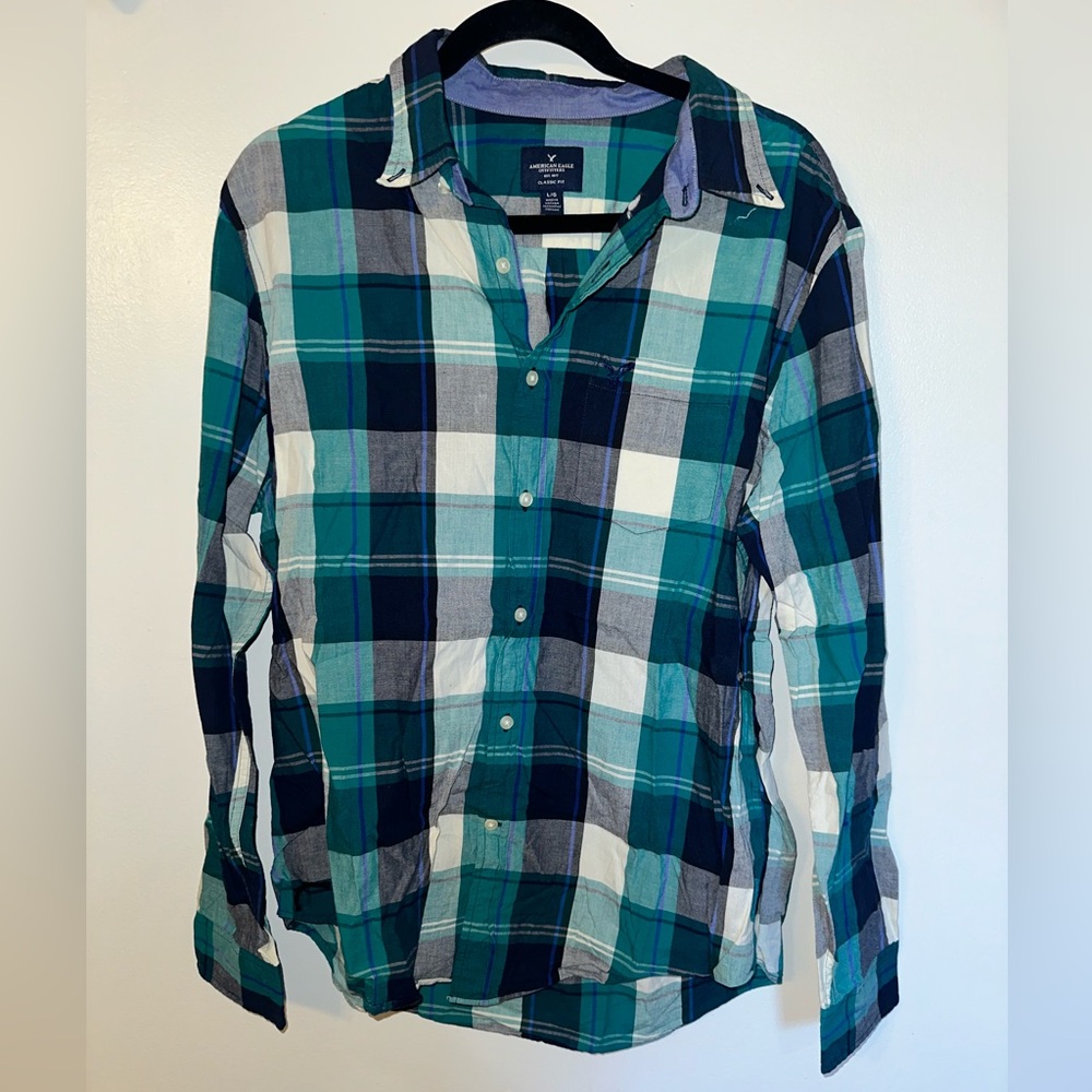 American Eagle Outfitters Teal and Navy Plaid Shirt